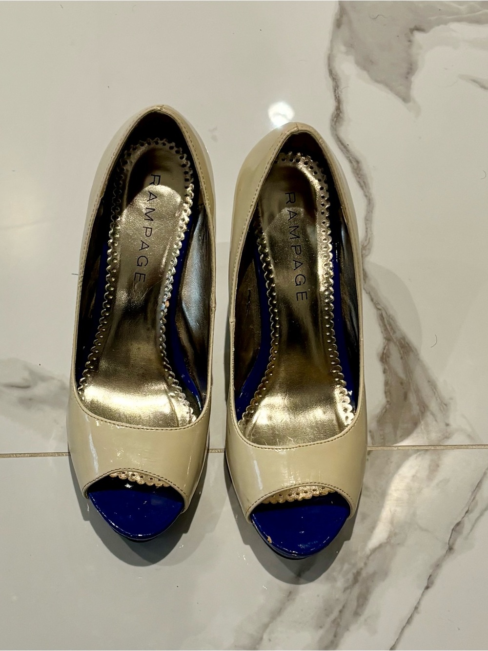 Rampage Cream Patent Peep-Toe Heels with Blue Insole